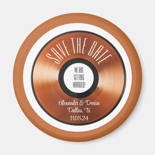 Terracotta retro orange vinyl record save the date magnet (Front)