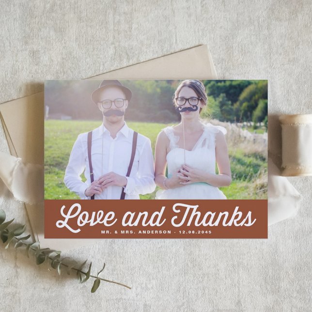 Terracotta Retro Script Photo Wedding Thank You Postcard (Love and Thanks Retro Script Photo Wedding Thank You Postcard | Customizable Red Thank You Postcard)