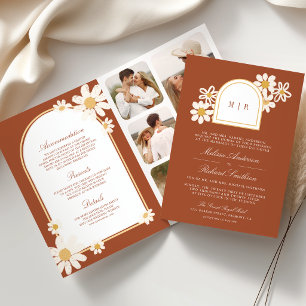 Terracotta Retro Yellow Daisy All in One Wedding Invitation