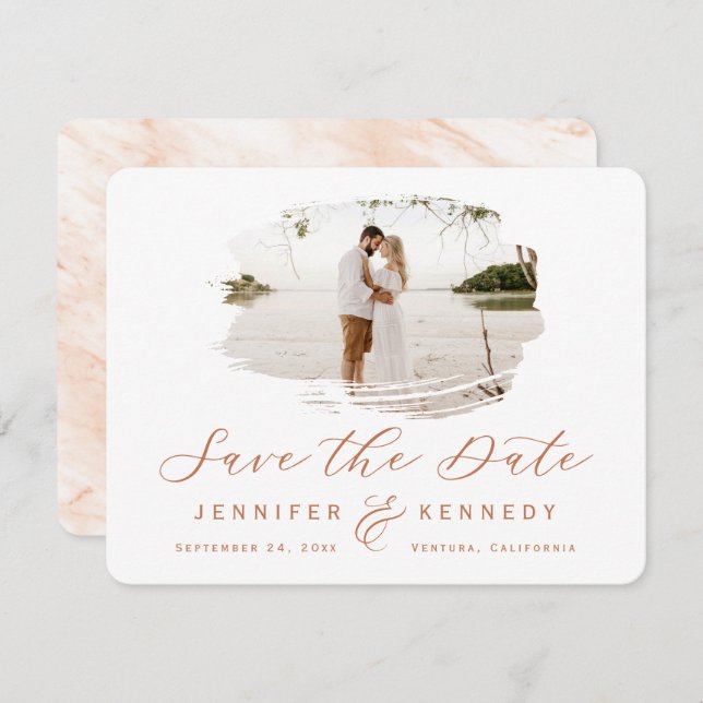 Terracotta Romantic Brushed Frame with Photo Save The Date (Front/Back)