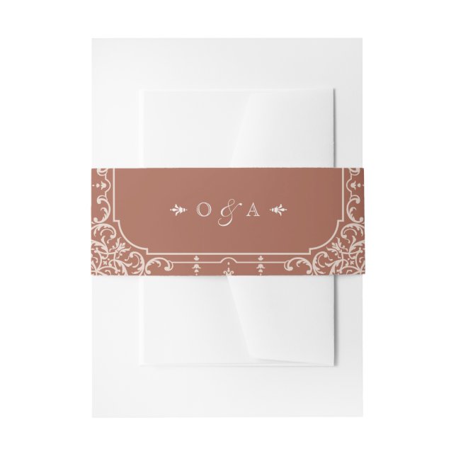 Terracotta romantic vintage wedding monogram invitation belly band (Front Example)