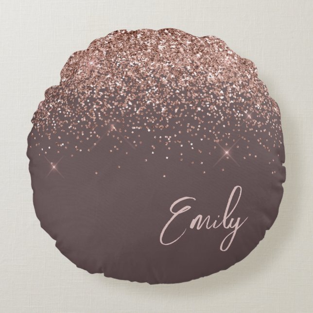 Terracotta Rose Gold Blush Pink Glitter Monogram Round Cushion (Front)