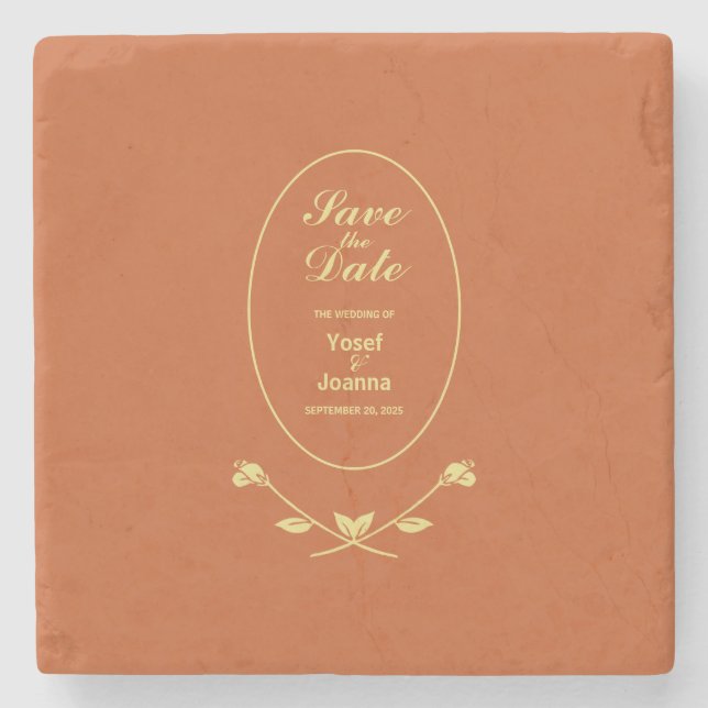 Terracotta Rose Wedding Save the Date Stone Coaster (Front)