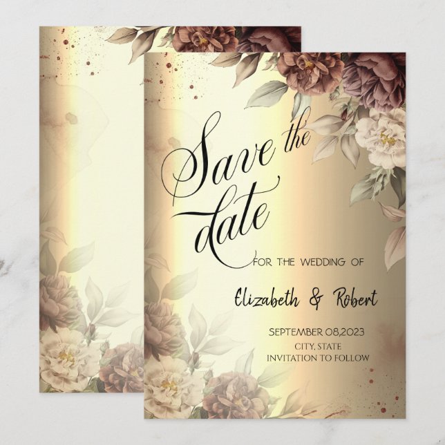 Terracotta Roses Elegant Gold Script Save The Date (Front/Back)