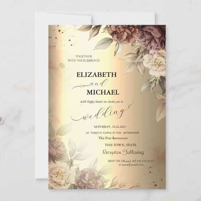 Terracotta Roses Elegant Gold Script  Wedding  Invitation (Front)
