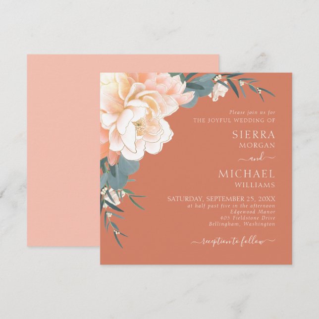 Terracotta Rust Blush Peach Gold Floral Wedding In Invitation (Front/Back)