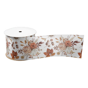 Terracotta Rust Boho Floral Fall Foliage Satin Ribbon