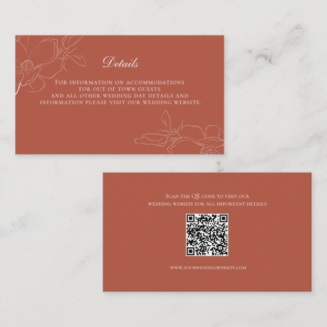 Terracotta Rust Boho White Floral Wedding Details Enclosure Card (Front/Back)