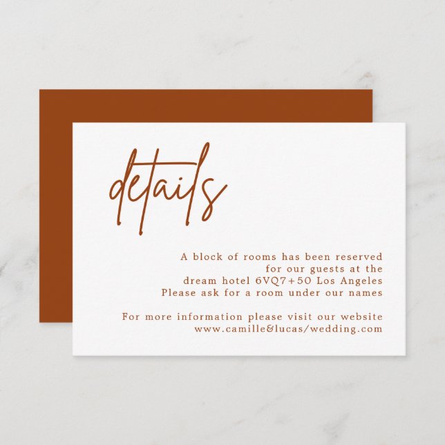 Terracotta Rust Burnt Orange Wedding Details card (Front/Back)