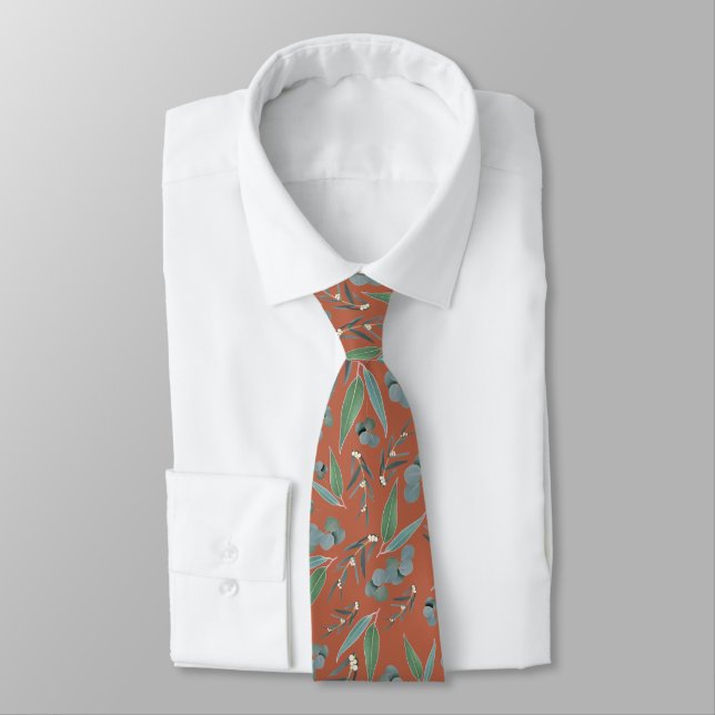 Terracotta Rust Eucalyptus Greenery Pattern Tie (Tied)