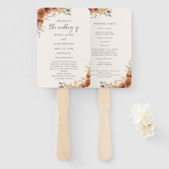 Terracotta Rust Fall Floral Wedding Program Hand Fan (Front and Back)