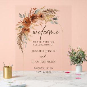 Terracotta Rust Fall Floral Wedding Welcome Acrylic Sign