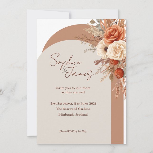 Terracotta Rust Floral Arch Wedding Invitation | B (Front)