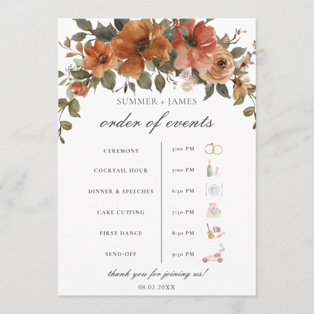 Terracotta Rust Floral Fall Wedding Order of Event Programme (Front)