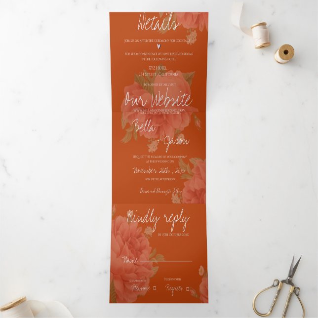 Terracotta Rust Floral Monogram Pretty Wedding Tri-Fold Invitation (Inside)