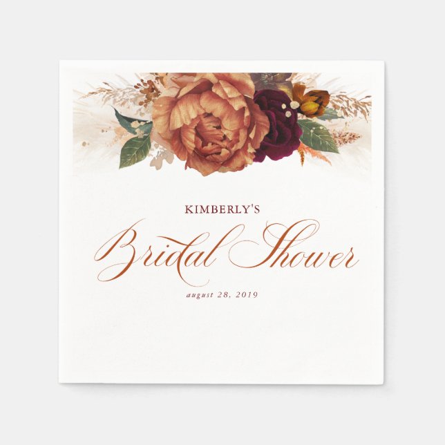 Terracotta Rust Floral Pampas Grass Bridal Shower Napkin (Front)