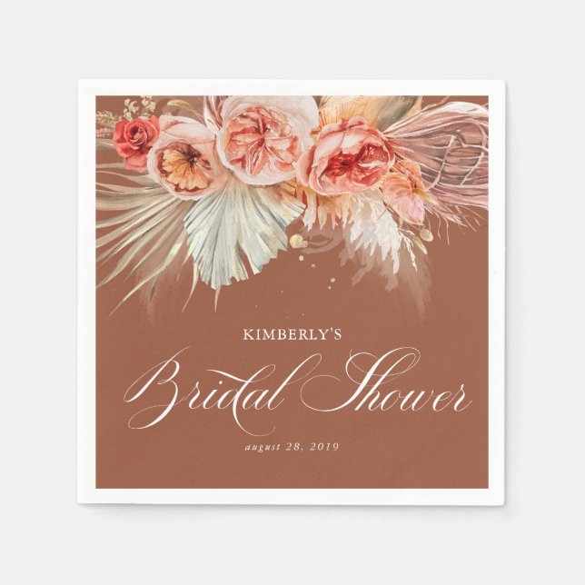 Terracotta Rust Floral Pampas Grass Bridal Shower Napkin (Front)