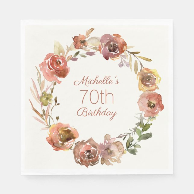Terracotta Rust Floral Wreath 70th Birthday   Napkin (Front)