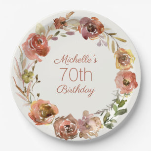 Terracotta Rust Floral Wreath 70th Birthday Paper Plate