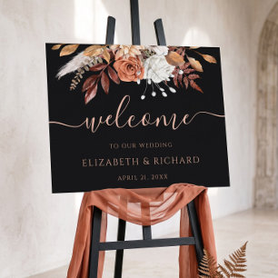 Terracotta Rust Flowers Black Fall Wedding Welcome Poster