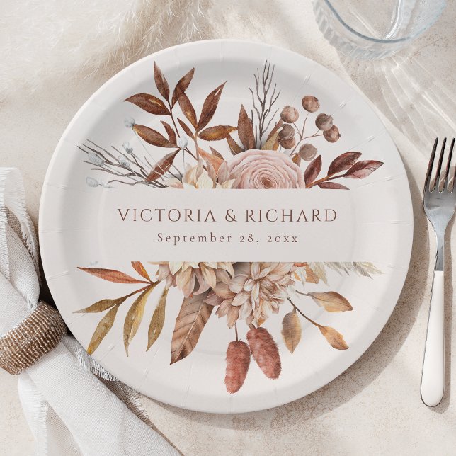 Terracotta Rust Flowers Boho Fall Foliage Paper Plate (Creator Uploaded)