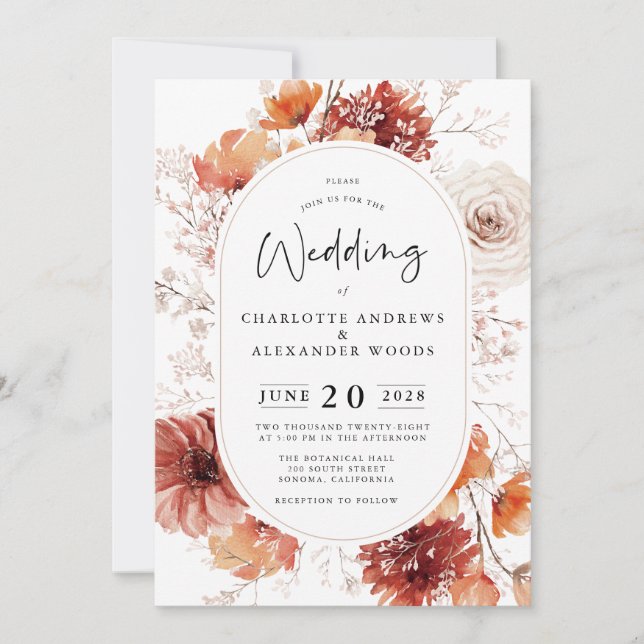 Terracotta Rust Flowers Boho Fall Foliage Wedding  Invitation (Front)