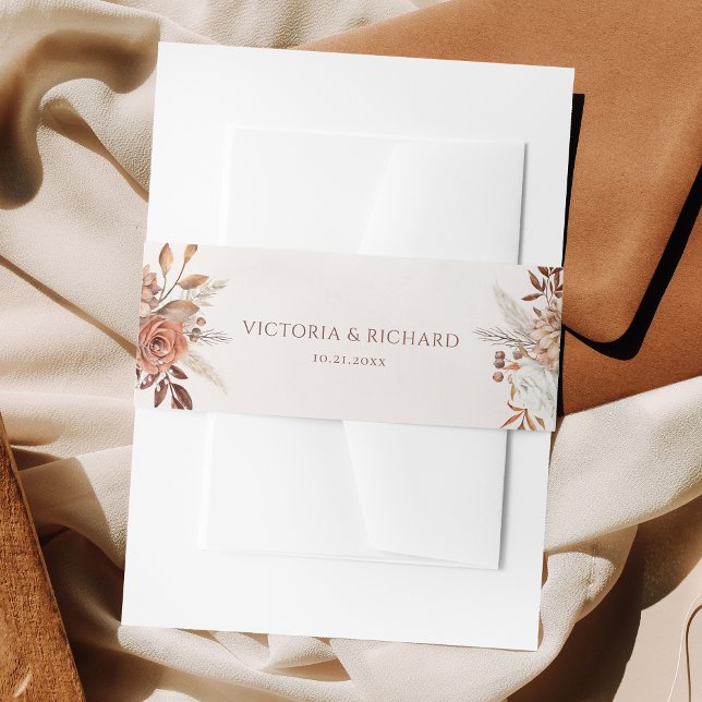 Terracotta Rust Flowers Boho Fall Foliage Wedding Invitation Belly Band (Creator Uploaded)