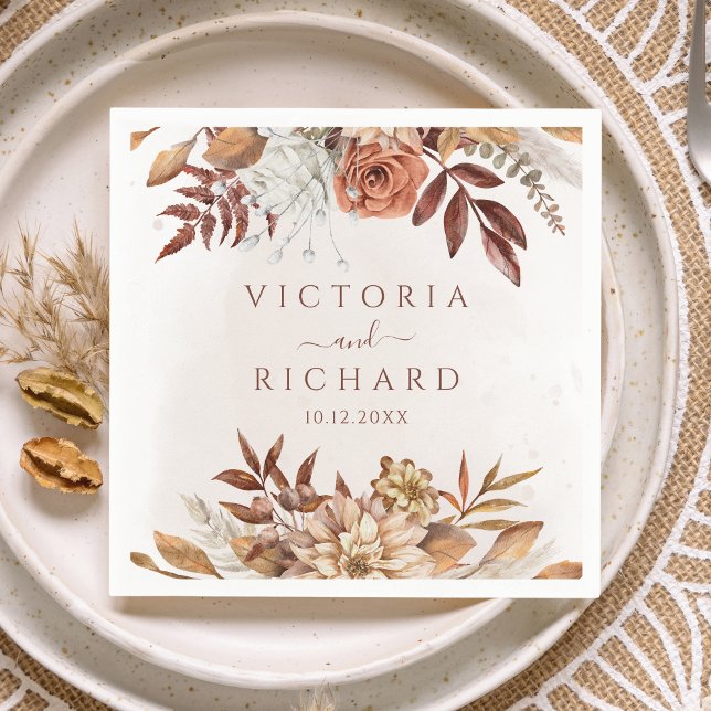 Terracotta Rust Flowers Boho Fall Foliage Wedding Napkin (Creator Uploaded)