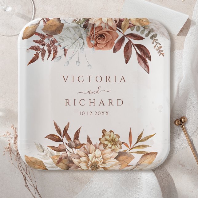 Terracotta Rust Flowers Boho Fall Foliage Wedding Paper Plate (Creator Uploaded)