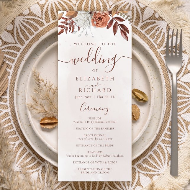 Terracotta Rust Flowers Boho Fall Foliage Wedding Programme (Creator Uploaded)