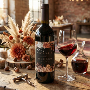 Terracotta Rust Flowers Fall Foliage Black Wedding Wine Label