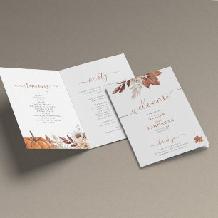 Terracotta rust leaves autumn fall wedding programme