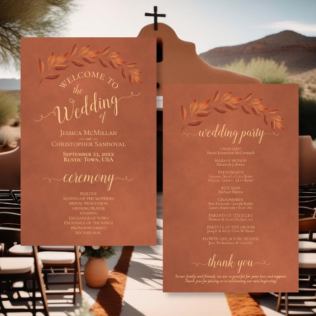 Terracotta & Rust Leaves Budget Wedding Program (Front/Back)