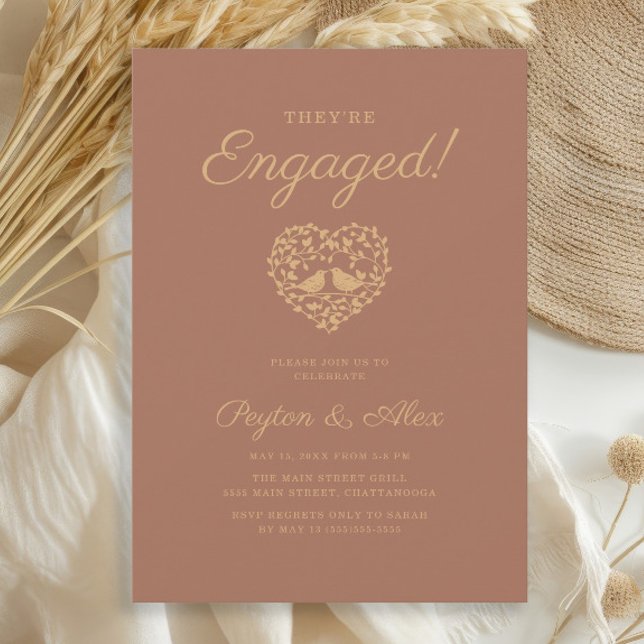 Terracotta Rust Love Birds Heart Engagement Party Invitation (Terracotta/burnt orange "Love birds" wedding engagement party invitation)