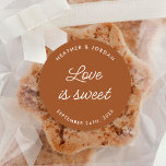 Terracotta Rust Love Is Sweet Wedding Favours Classic Round Sticker<br><div class="desc">Terracotta Rust Love Is Sweet Wedding Favours Stickers</div>