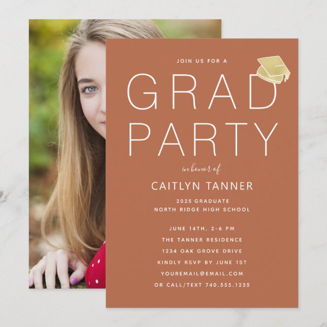 Terracotta Rust Modern Photo Graduation Party Invitation (Front/Back)