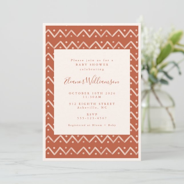 Terracotta Rust Neutral Modern Baby Shower Party Invitation (Standing Front)