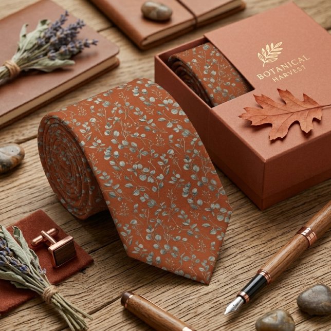 Terracotta Rust Sage Green Eucalyptus Botanical Tie (Creator Uploaded)