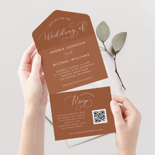 Terracotta Rust Script Fall Autumn QR Code Wedding All In One Invitation (Creator Uploaded)