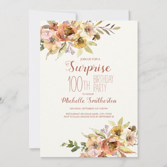 Terracotta Rust Watercolor Floral 100th Birthday  Invitation (Front)