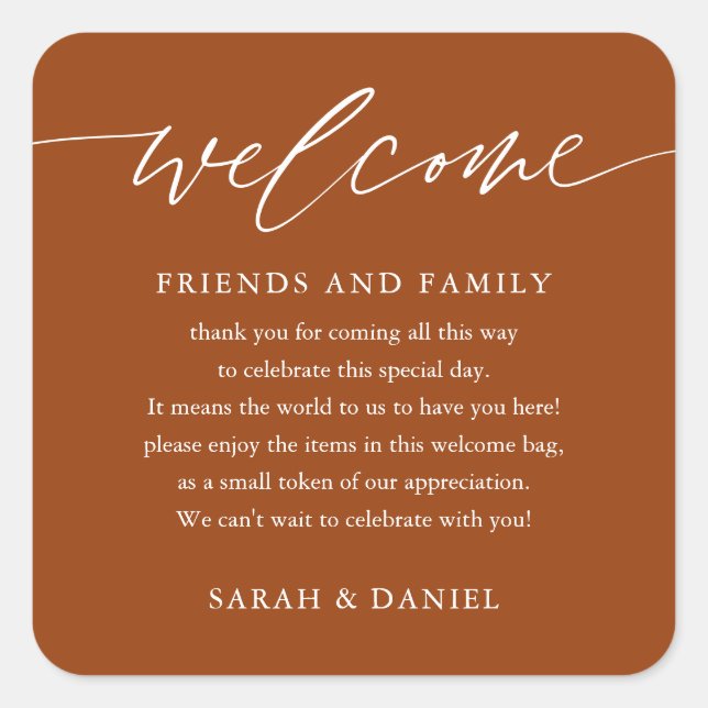 Terracotta Rust Wedding Welcome Gift Bag Basket  Square Sticker (Front)