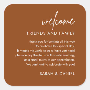 Terracotta Rust Wedding Welcome Gift Bag Basket Square Sticker