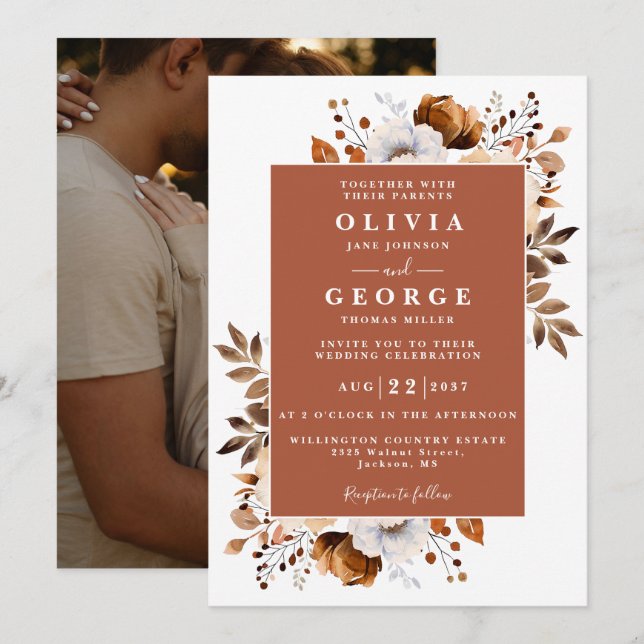 Terracotta Rustic Botanical Floral Photo Wedding Invitation (Front/Back)