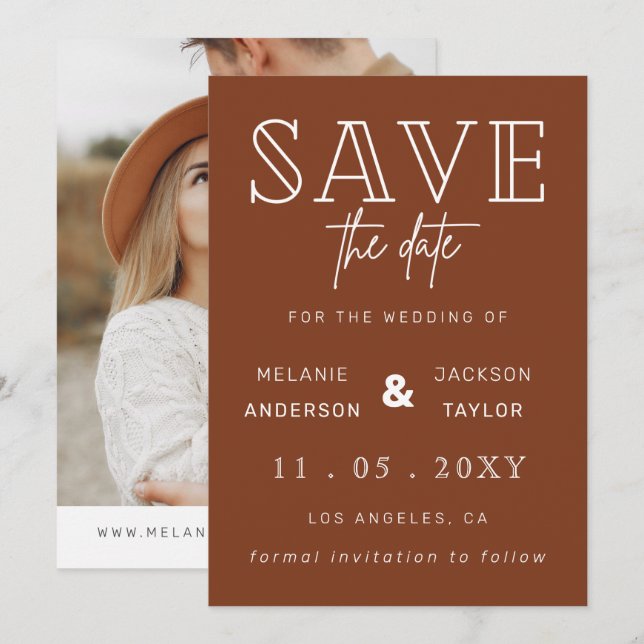 Terracotta Rustic Burnt Orange Boho Photo Save The Date (Front/Back)