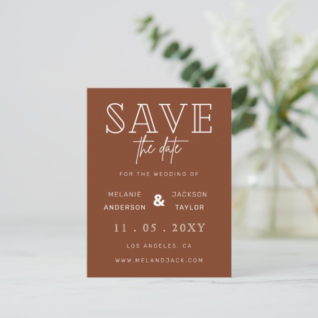 Terracotta Rustic Burnt Orange Boho Save the Date Announcement Postcard (Standing Front)