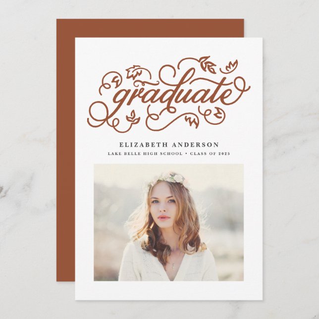 Terracotta Rustic Calligraphy Photo Graduation Announcement (Front/Back)