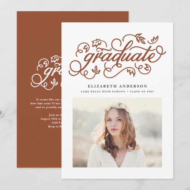 Terracotta Rustic Calligraphy Photo Graduation Invitation (Front/Back)