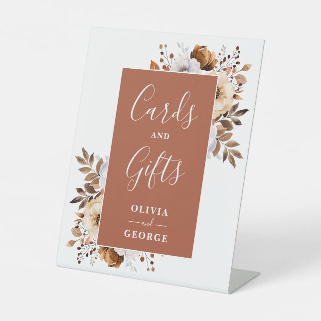 Terracotta Rustic Elegant Floral Cards And Gifts Pedestal Sign (Front)