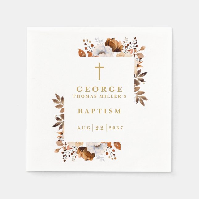 Terracotta Rustic Fall Botanical Floral Baptism Napkin (Front)