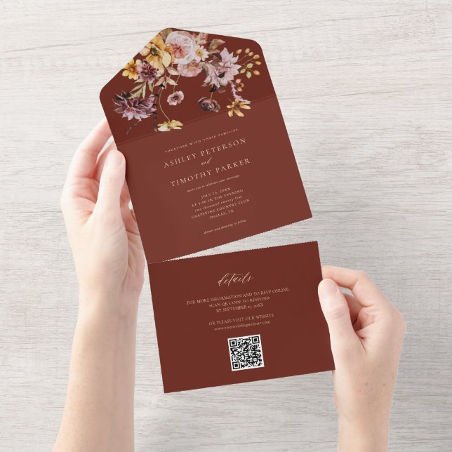 Terracotta Rustic Fall Floral Wedding QR All In One Invitation (Tearaway)